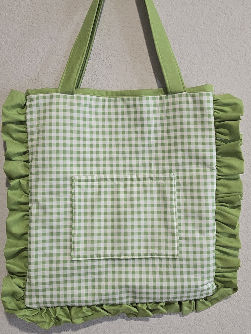 Handmade Green Gingham Ruffle Tote with Front Pocket